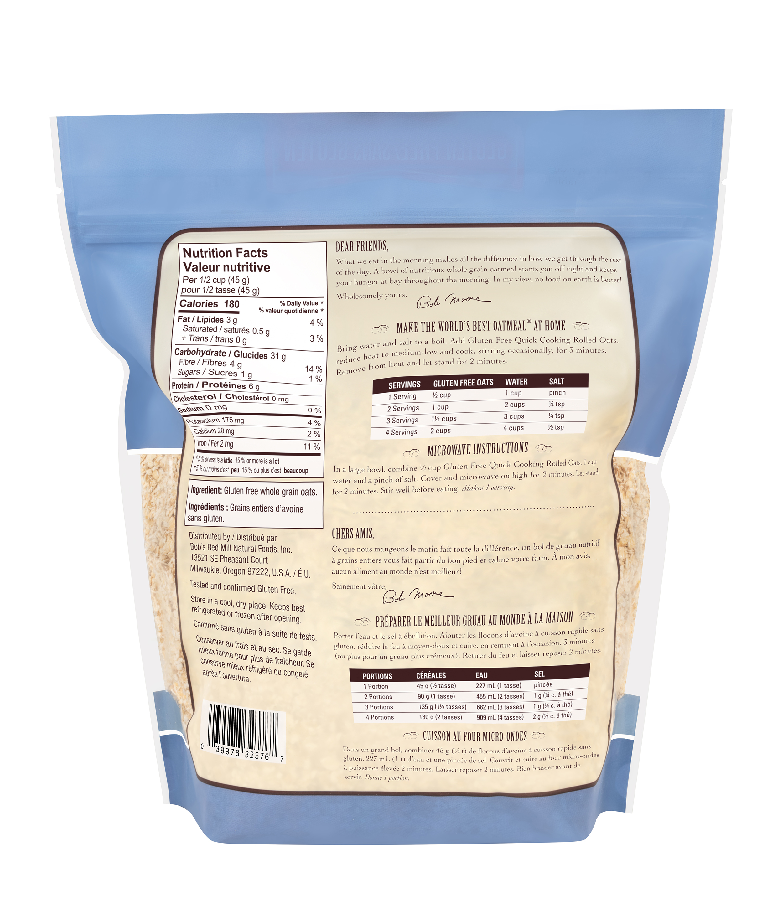 Gluten Free Quick Cooking Rolled Oats- Canadian- back 794g