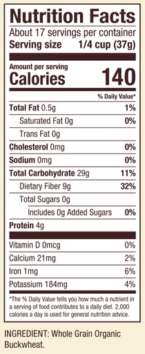 Organic Buckwheat Flour- Nutrition Panel