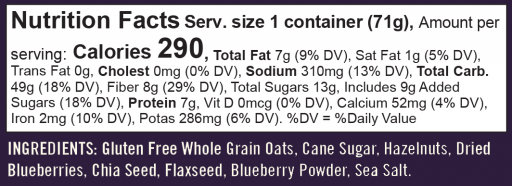 GF Oatmeal cups - blueberry hazelnut - nutritional label