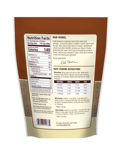 Organic Brown Rice Farina Hot Cereal - back