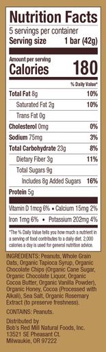 Peanut Butter Chocolate Bar - 5pk Nutrition Label