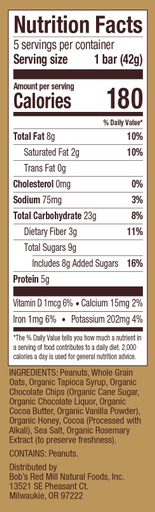 Peanut Butter Chocolate Bar - 5pk Nutrition Panel