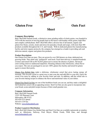 Gluten Free Oats Fact Sheet