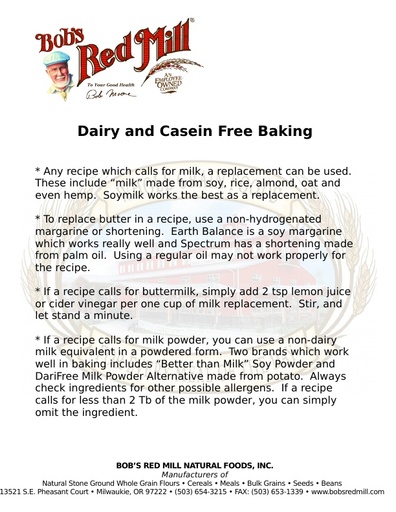Dairy And Casein Free Baking Info Sheet